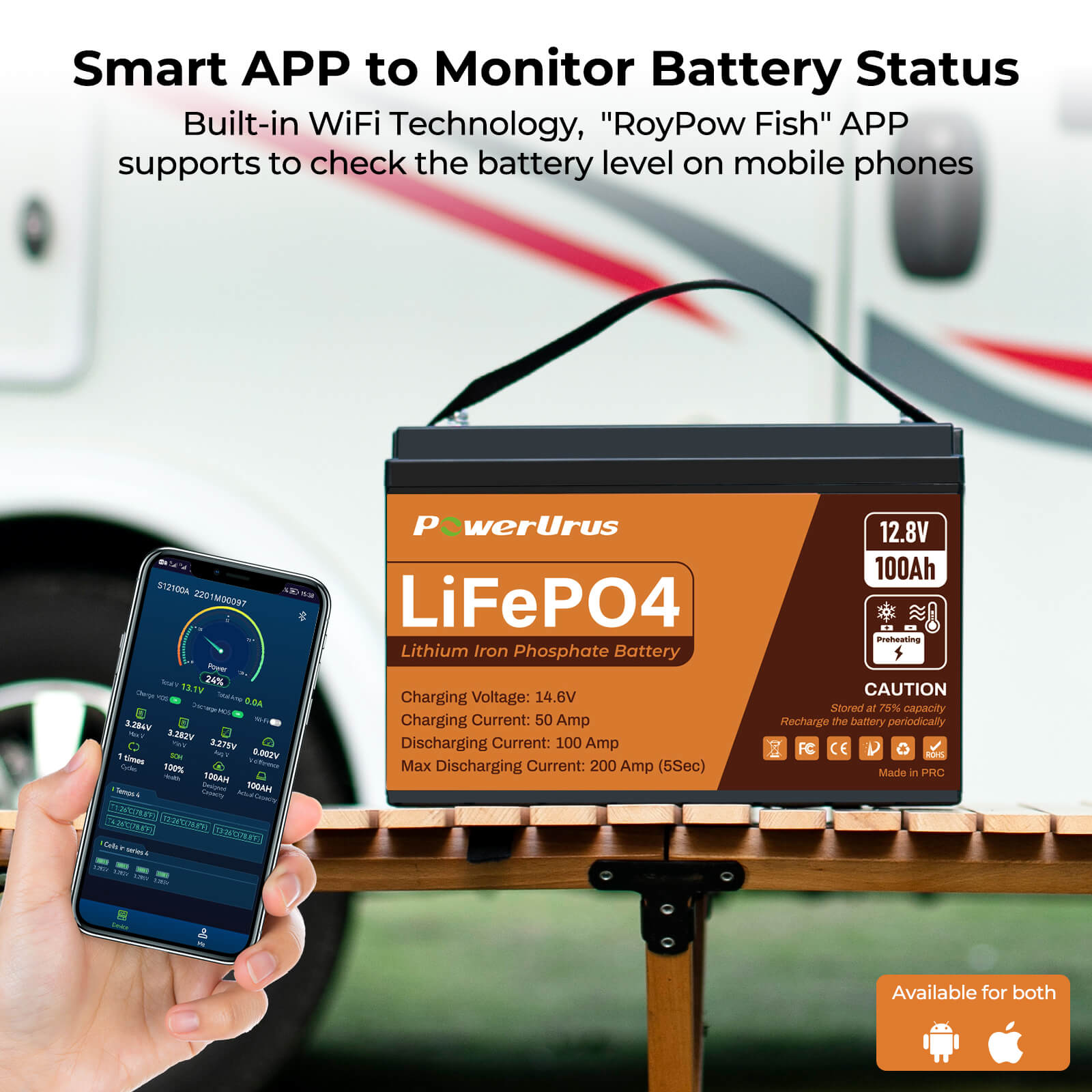 PowerUrus 12V 100Ah Self Heating LiFePO4 Lithium Battery APP and Low Temperature Protection