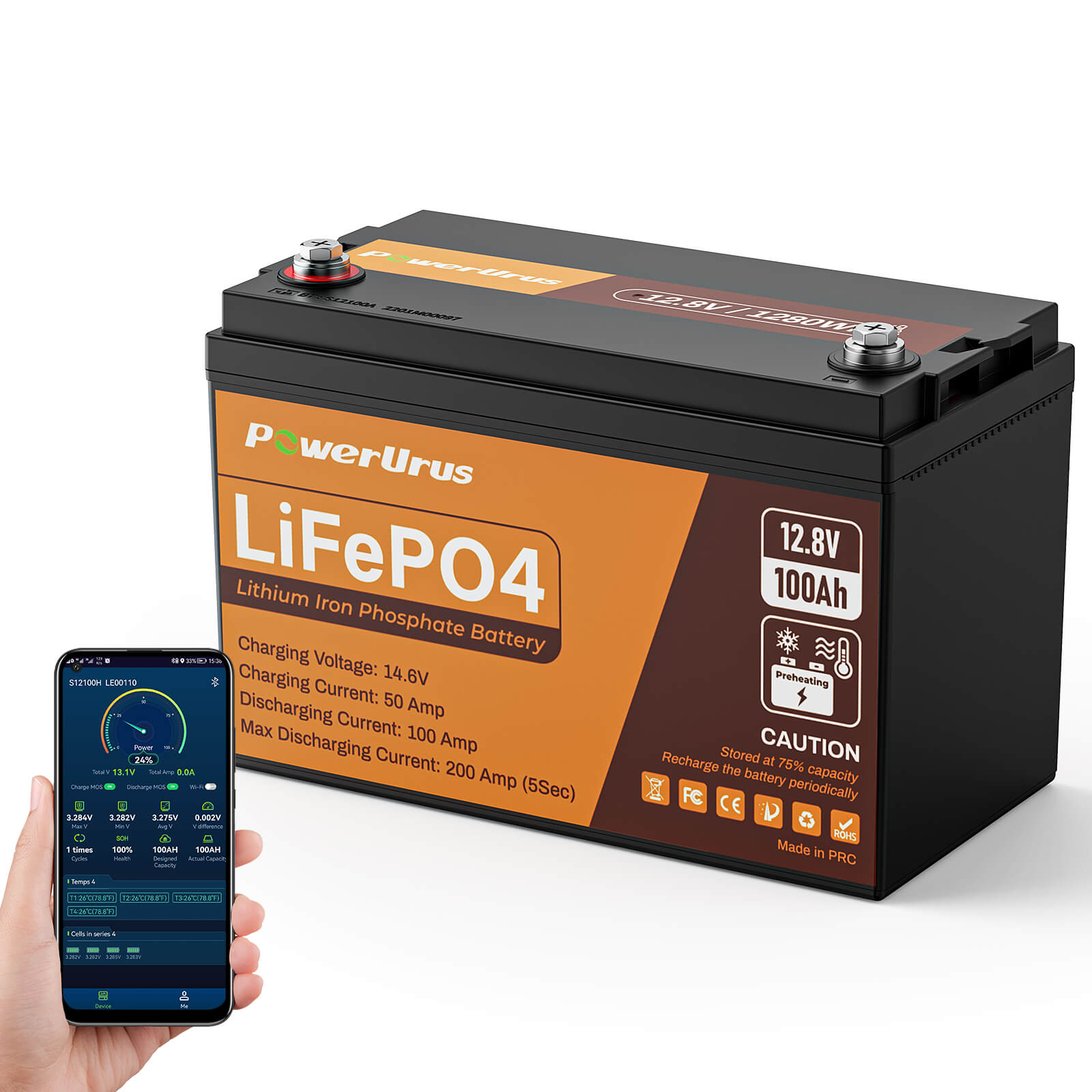 PowerUrus 12V 100Ah Self Heating LiFePO4 Lithium Battery APP and