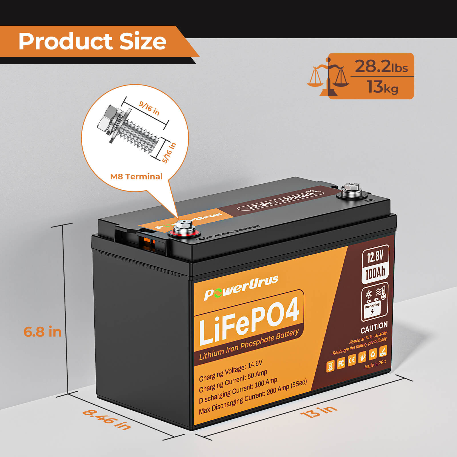 PowerUrus 12V 100Ah Self Heating LiFePO4 Lithium Battery APP and Low Temperature Protection