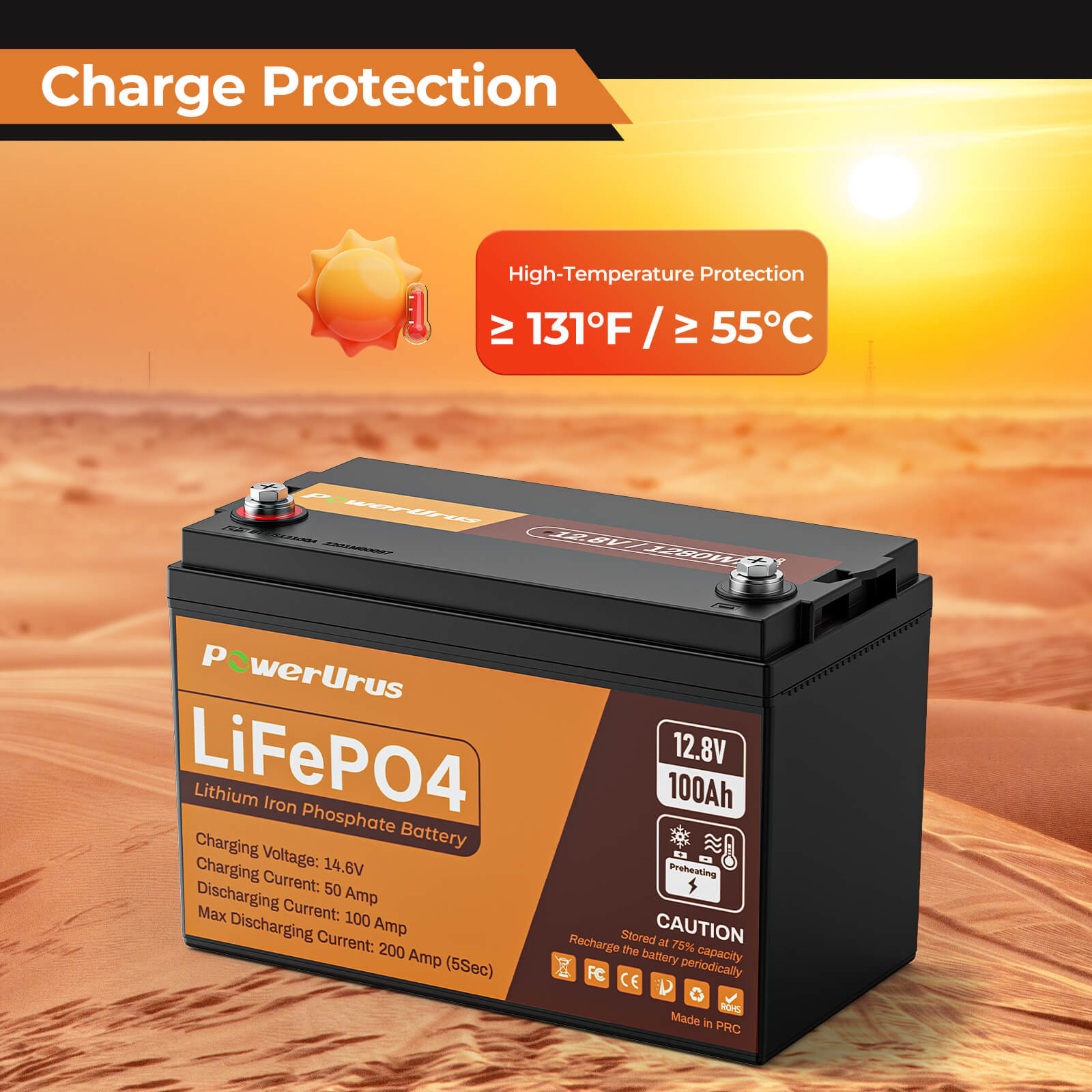 PowerUrus 12V 100Ah Self Heating LiFePO4 Lithium Battery APP and Low Temperature Protection