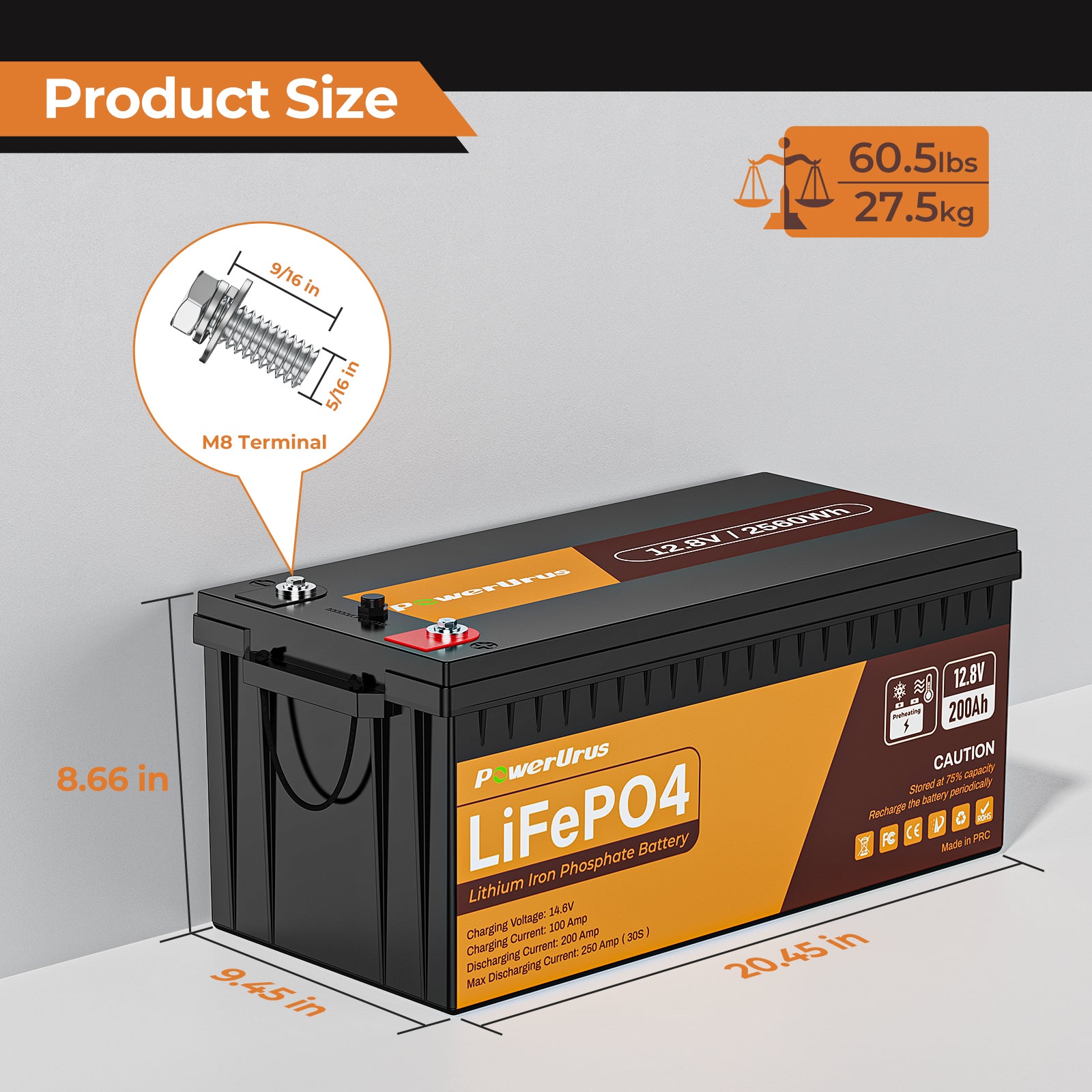 12V 200Ah LiFepo4 battery size