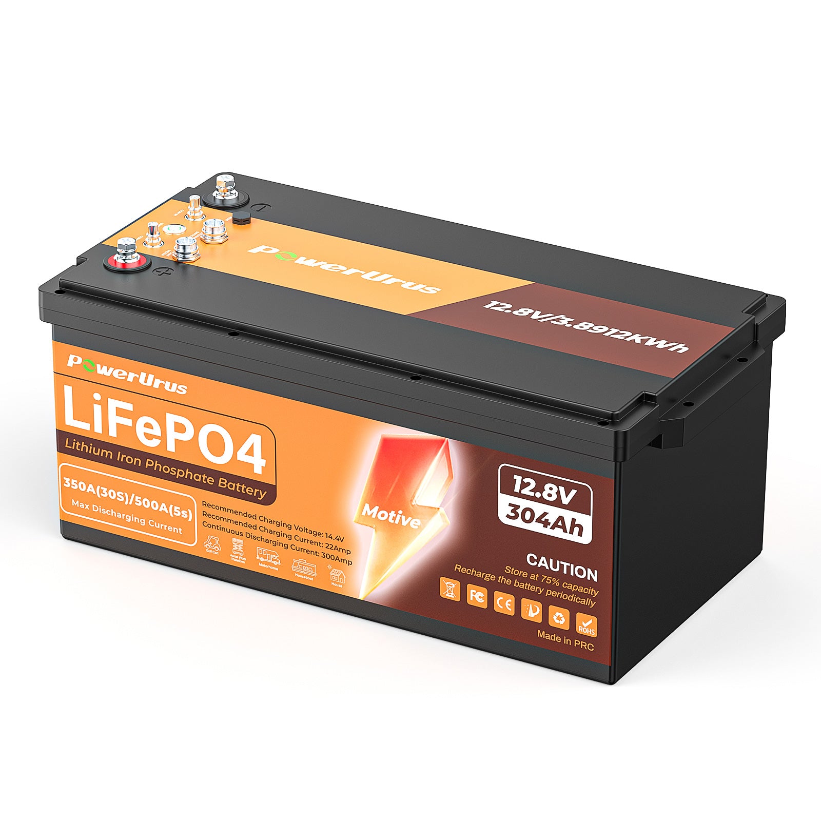 PowerUrus 12V 300Ah LiFePO4 Lithium Battery for RV