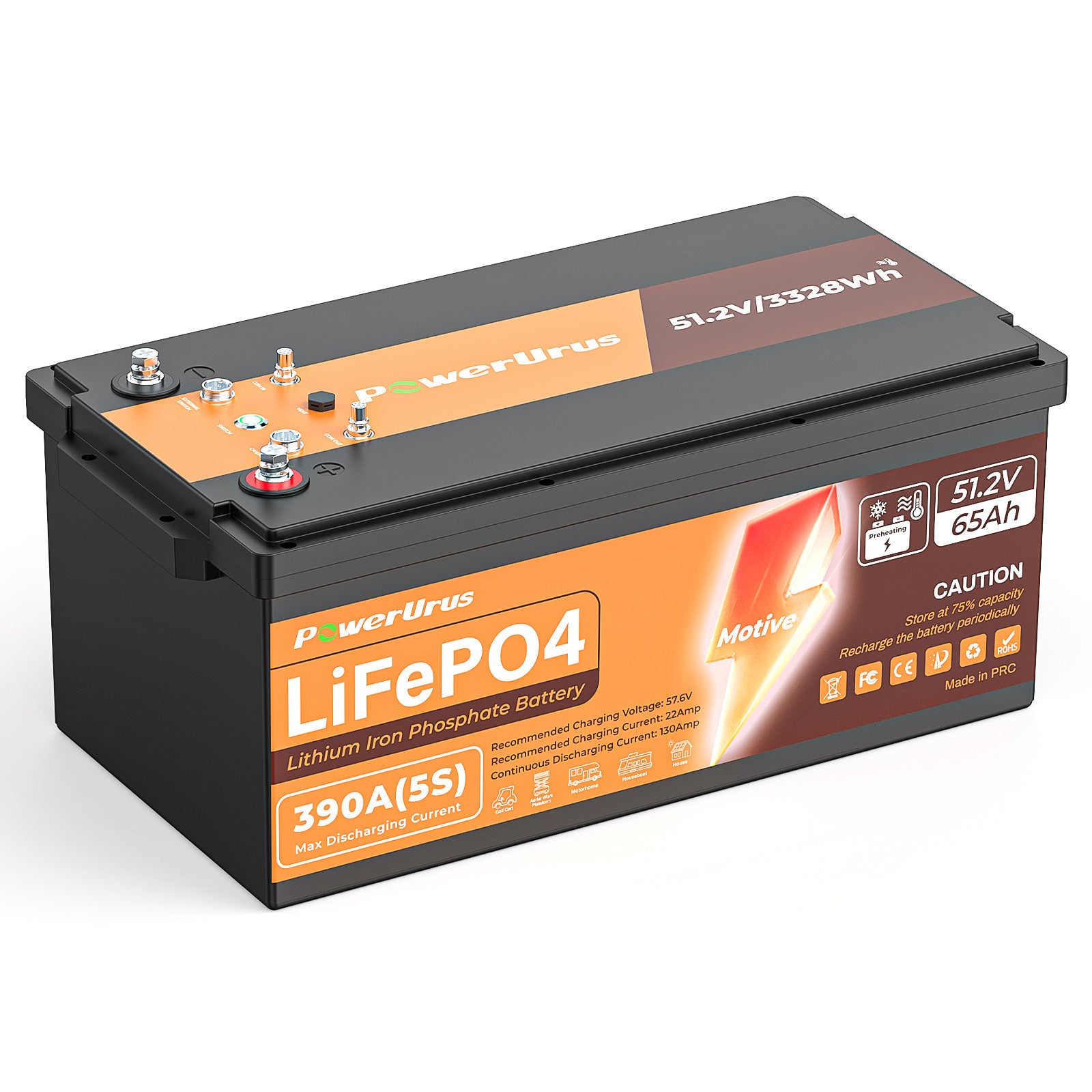 PowerUrus 51.2V 65Ah Self-Heating LiFePO4 Lithium Battery