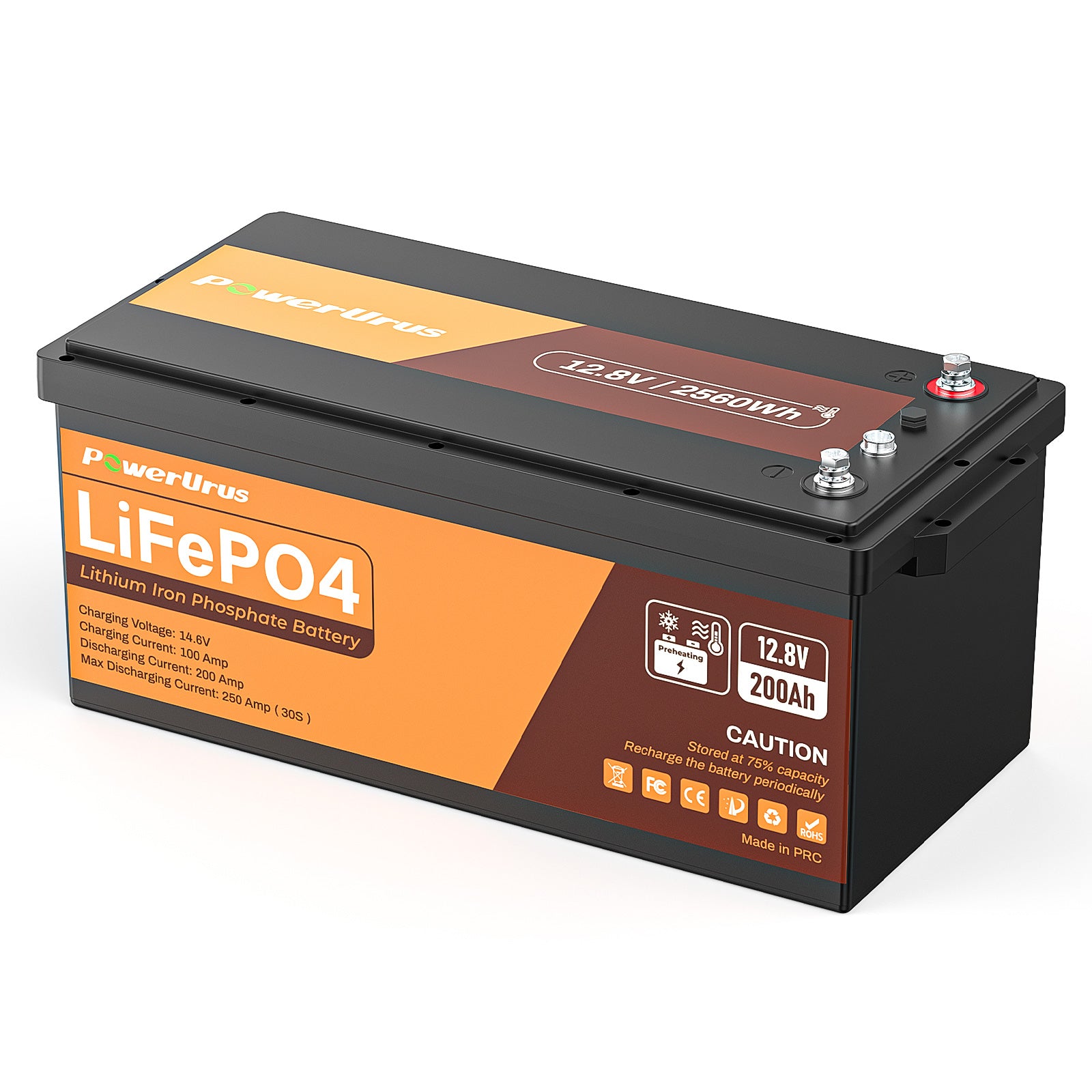 PowerUrus 12V 200Ah Self-Heating LiFePO4 Lithium Battery