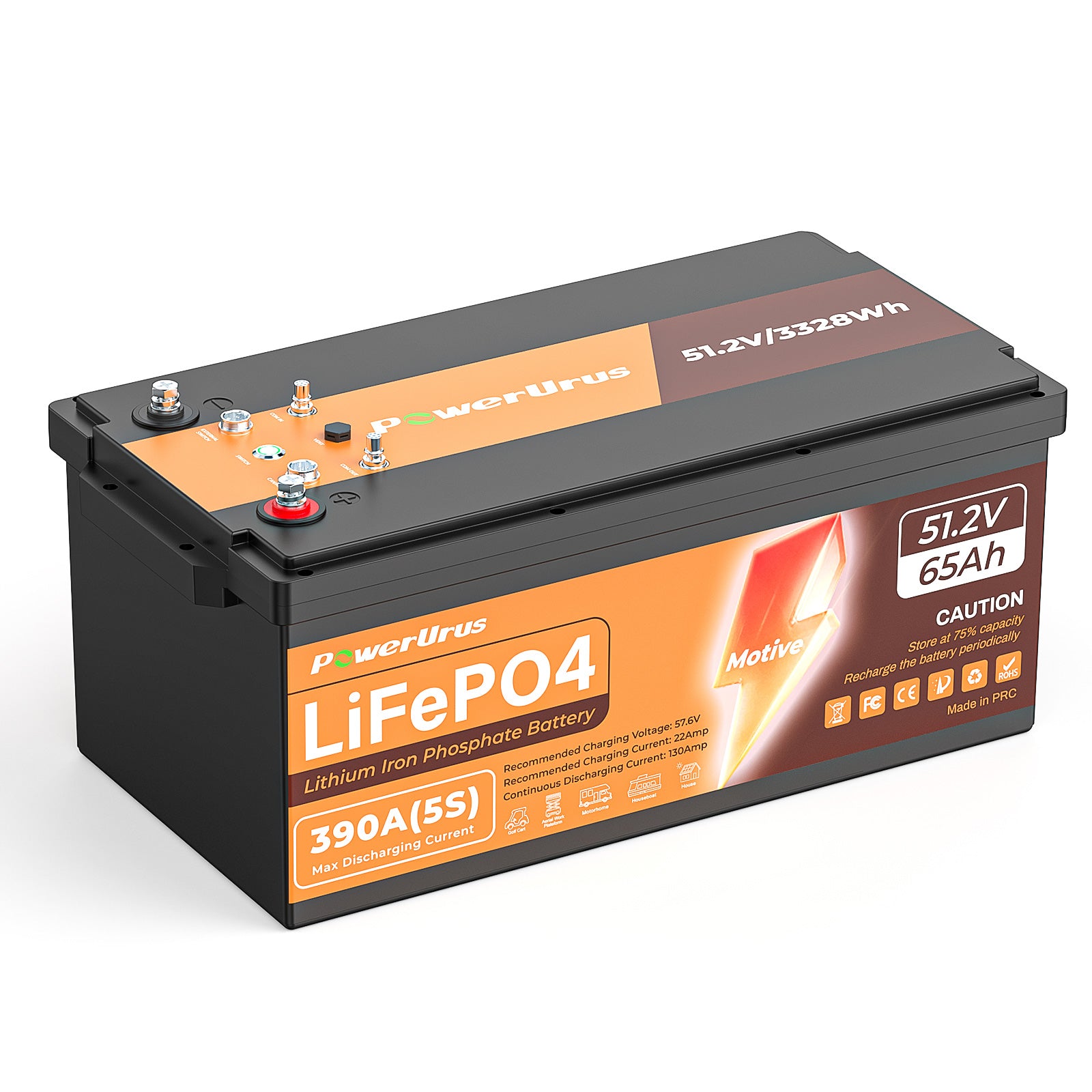 PowerUrus 51.2V 65Ah LiFePO4 Lithium Golf Cart Battery