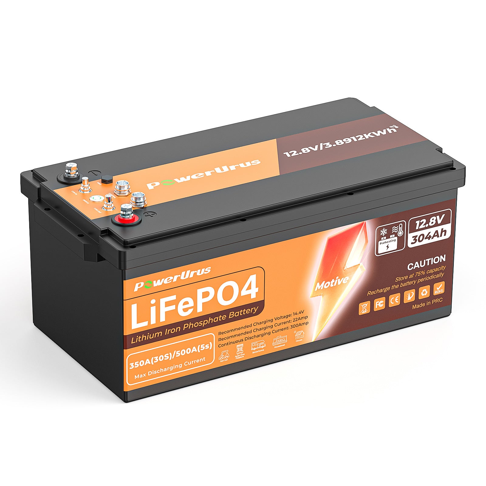 PowerUrus 12V 300Ah Self-Heating LiFePO4 Lithium Battery