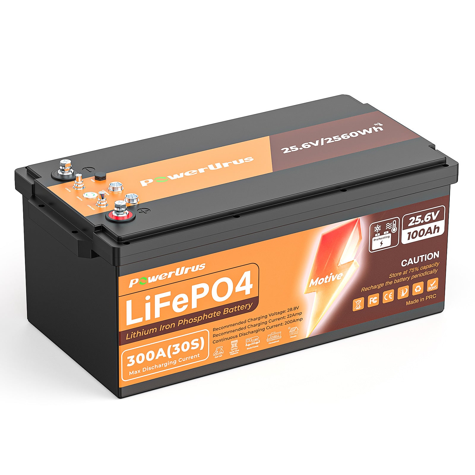 PowerUrus 24V 100Ah Self-Heating LiFePO4 Lithium Battery