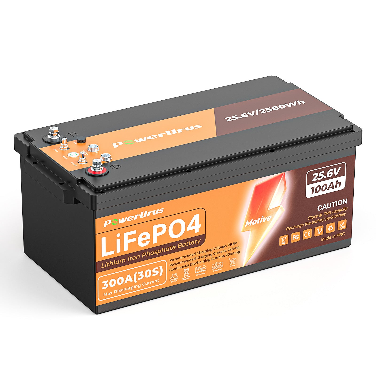 PowerUrus 24V 100Ah Motive Series LiFePO4 Battery for Trolling Motor