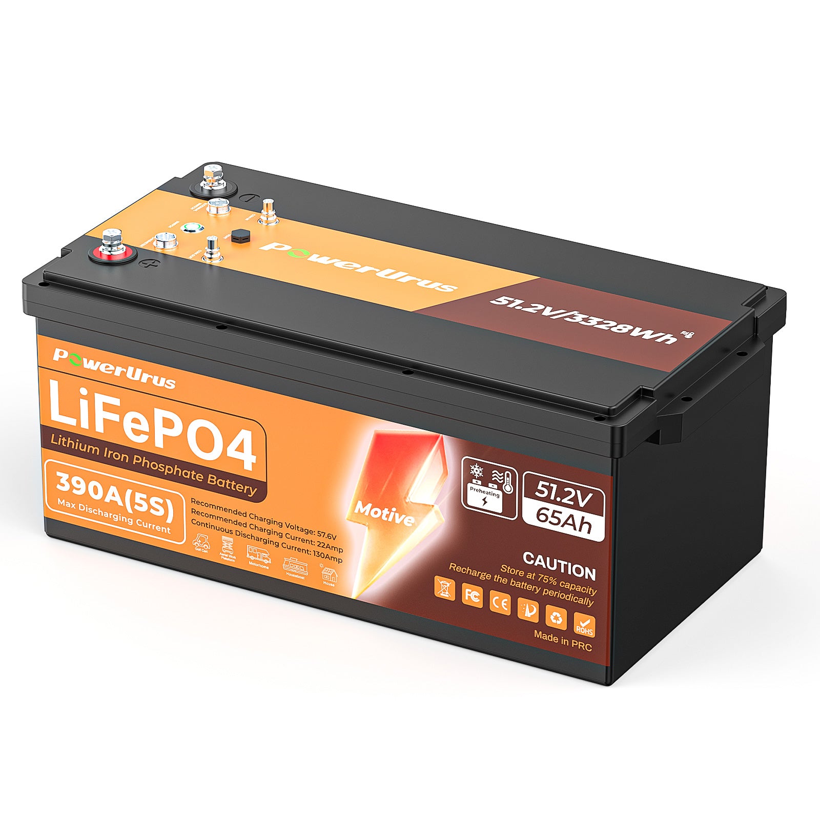 PowerUrus 51.2V 65Ah Motive Series Self-Heating LiFePO4 Lithium Battery