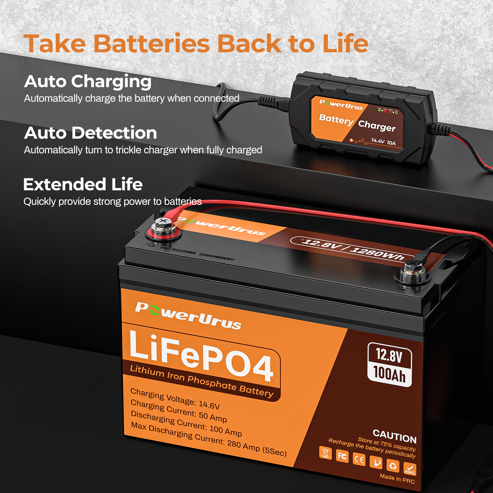 PowerUrus 12V 100AH LiFePO4 Deep Cycle Rechargeable Battery with 14.4V 10A Charger