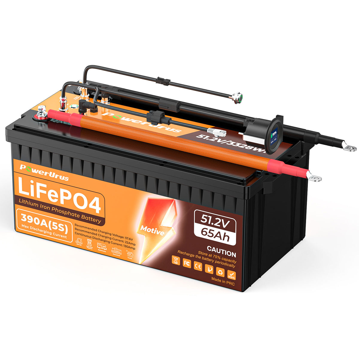 PowerUrus 51.2V 65Ah Motive Series LiFePO4 Lithium Low-Speed Electric Vehicle Battery