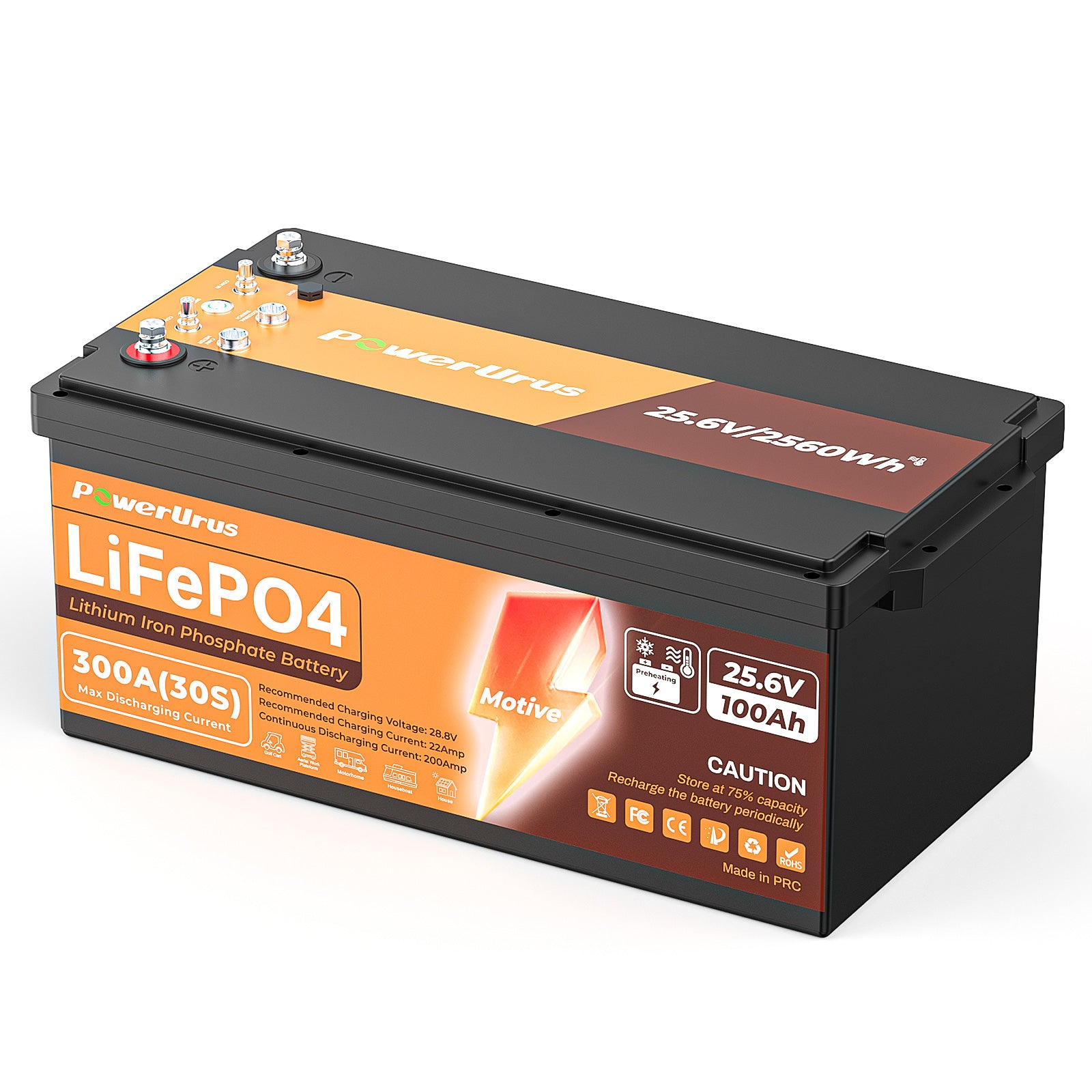 PowerUrus 24V 100Ah Motive Series Self-Heating LiFePO4 Lithium Battery