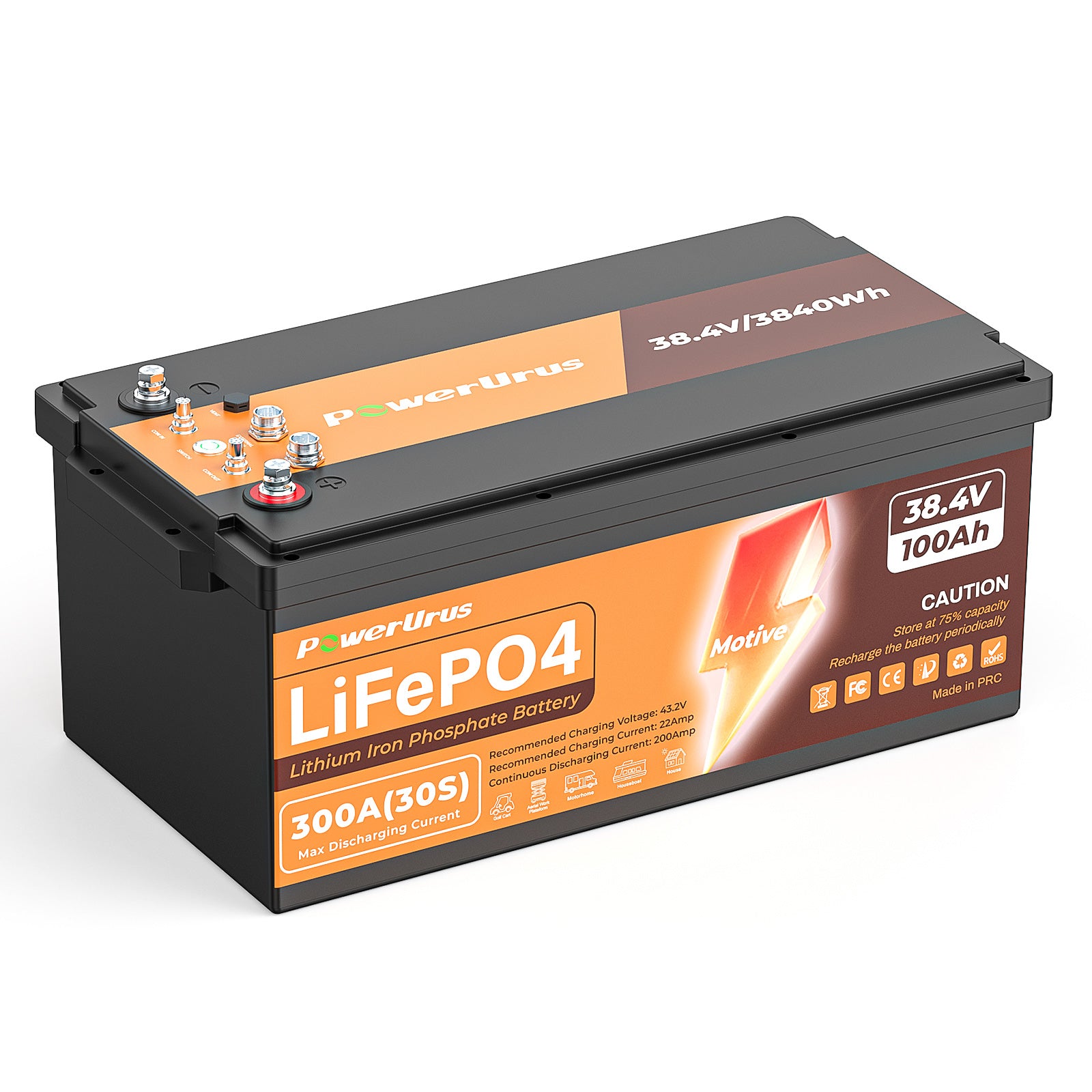 PowerUrus 36V 100Ah Motive Series LiFePO4 Lithium Golf Cart Battery