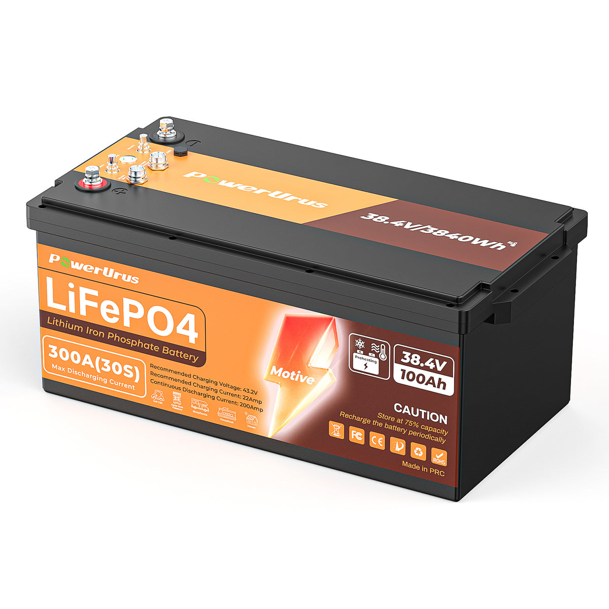 PowerUrus 36V 100Ah Motive Series Self-Heating LiFePO4 Lithium Battery