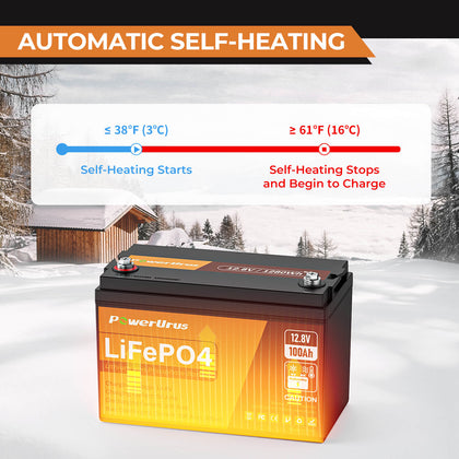 PowerUrus 12V 100Ah Self Heating LiFePO4 Lithium Battery