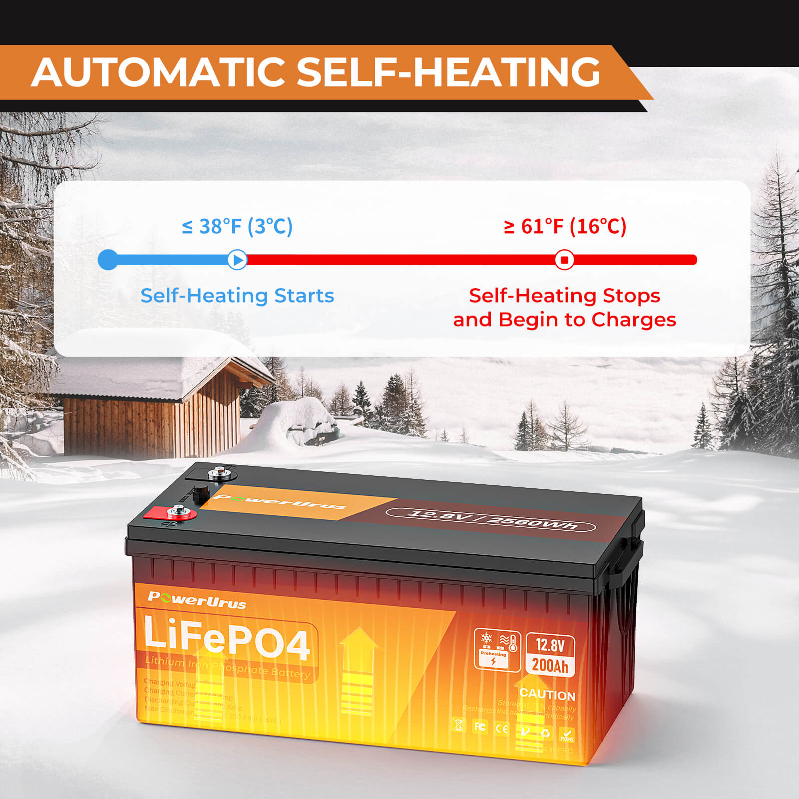 PowerUrus 12V 200Ah Self Heating LiFePO4 Lithium Battery