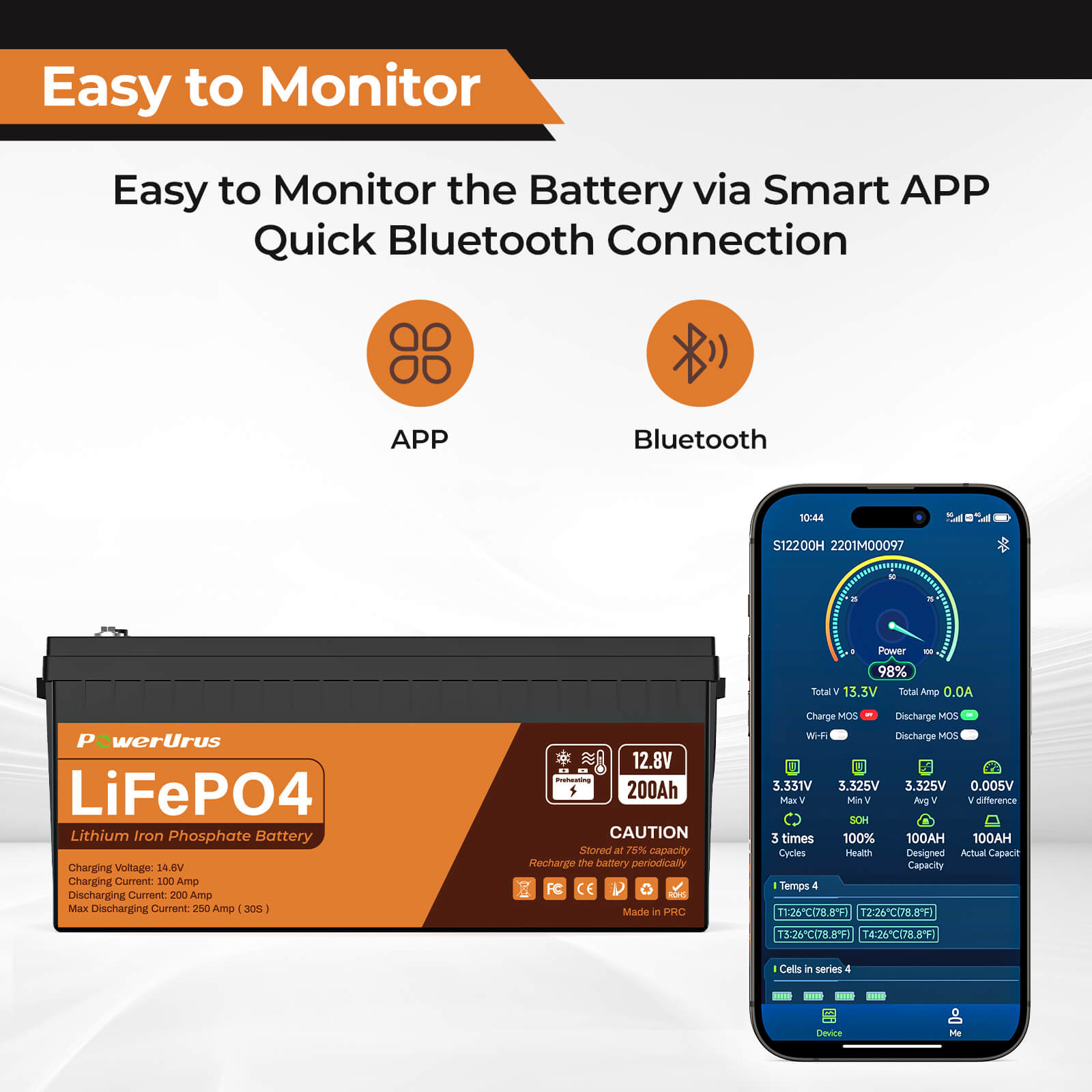 PowerUrus 12V 200Ah Self Heating LiFePO4 Lithium Battery