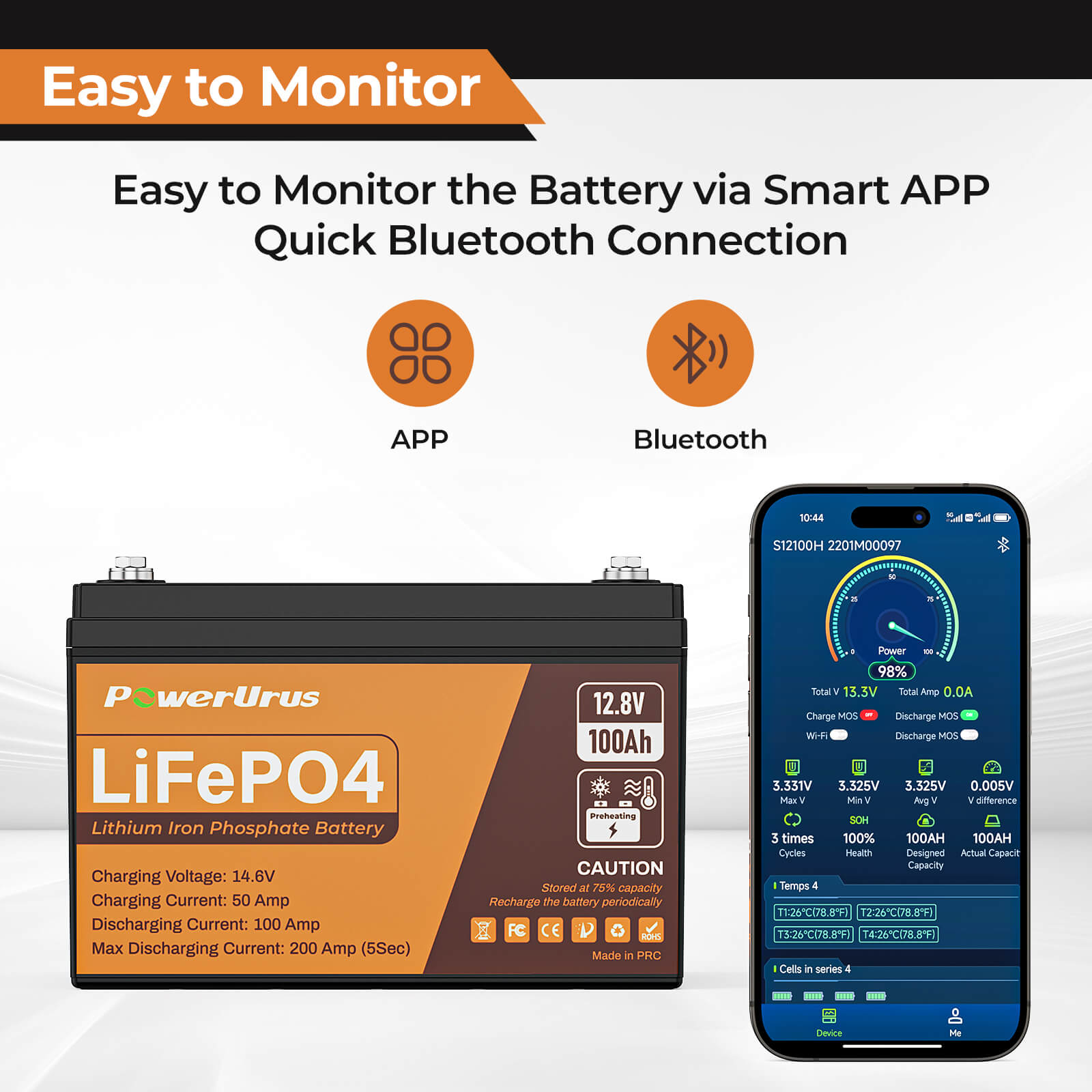  PowerUrus 12V 100Ah Self-Heating LiFePO4 Lithium Battery with  Smart APP, 4000-8000 Cycles LiFePO4 Battery, Built-in 100A BMS, Real-Time  Battery Monitor Function for RV, Marine, Off Grid Applications : Health &  Household