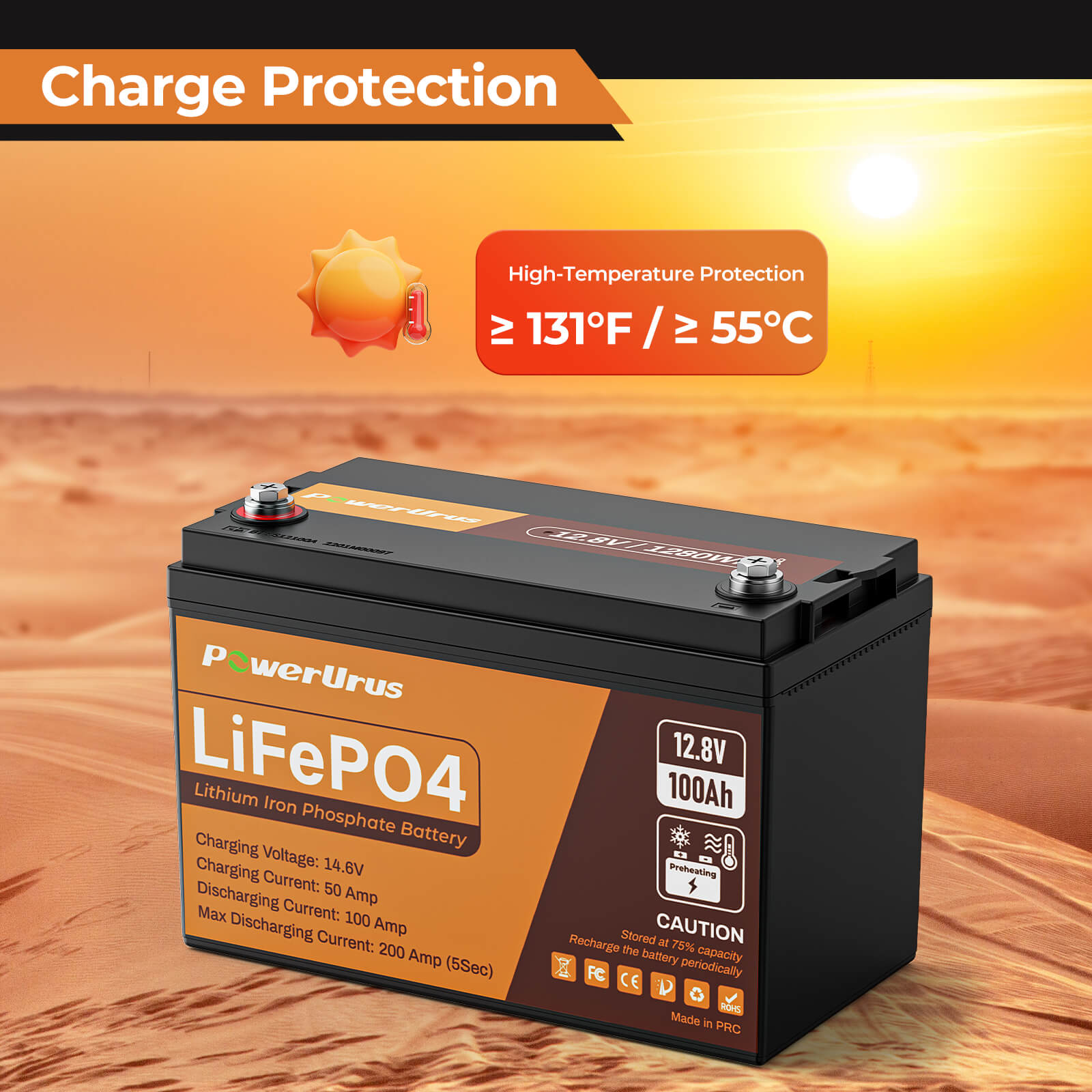 PowerUrus 12V 100Ah Self Heating LiFePO4 Lithium Battery APP and