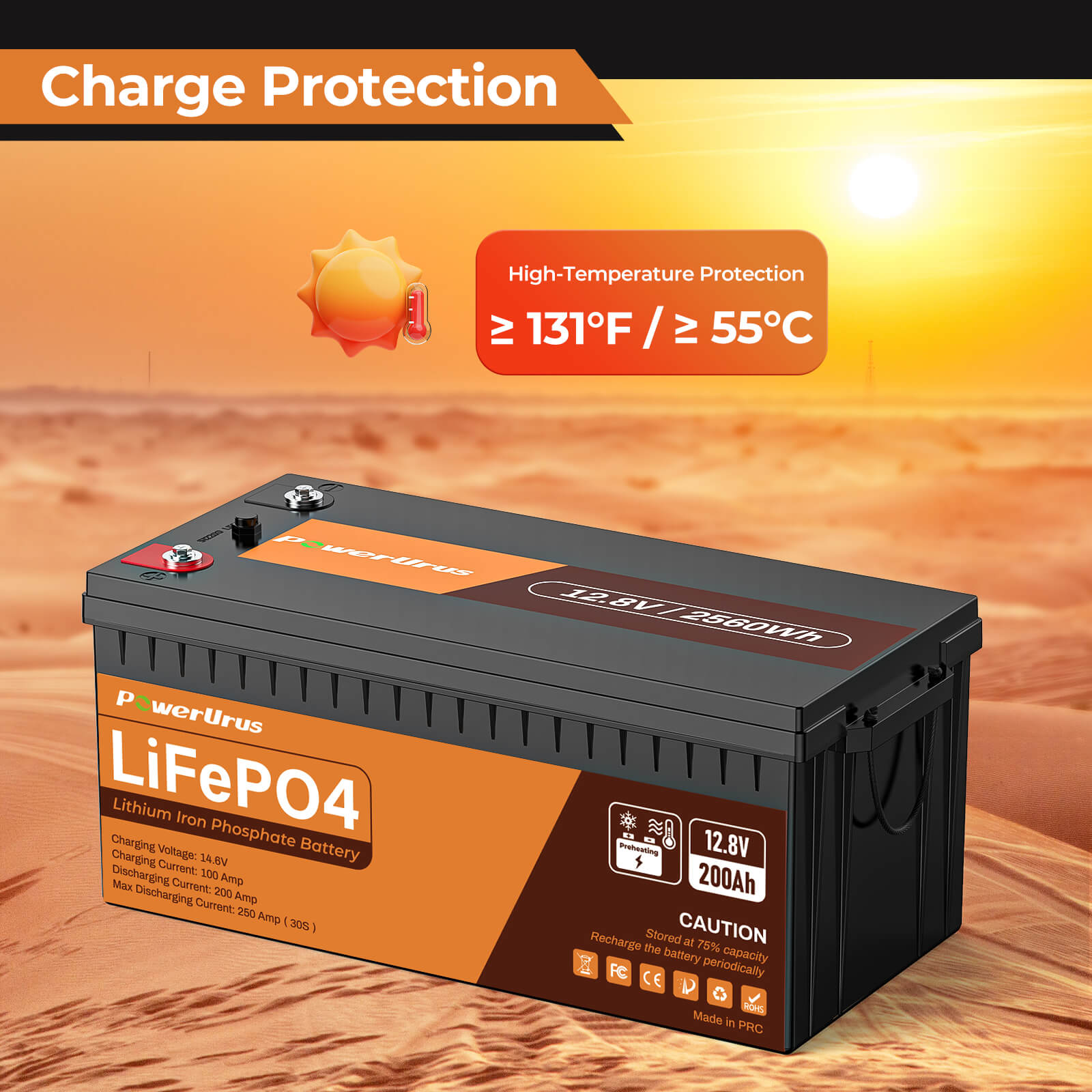 PowerUrus 12V 200Ah Self Heating LiFePO4 Lithium Battery