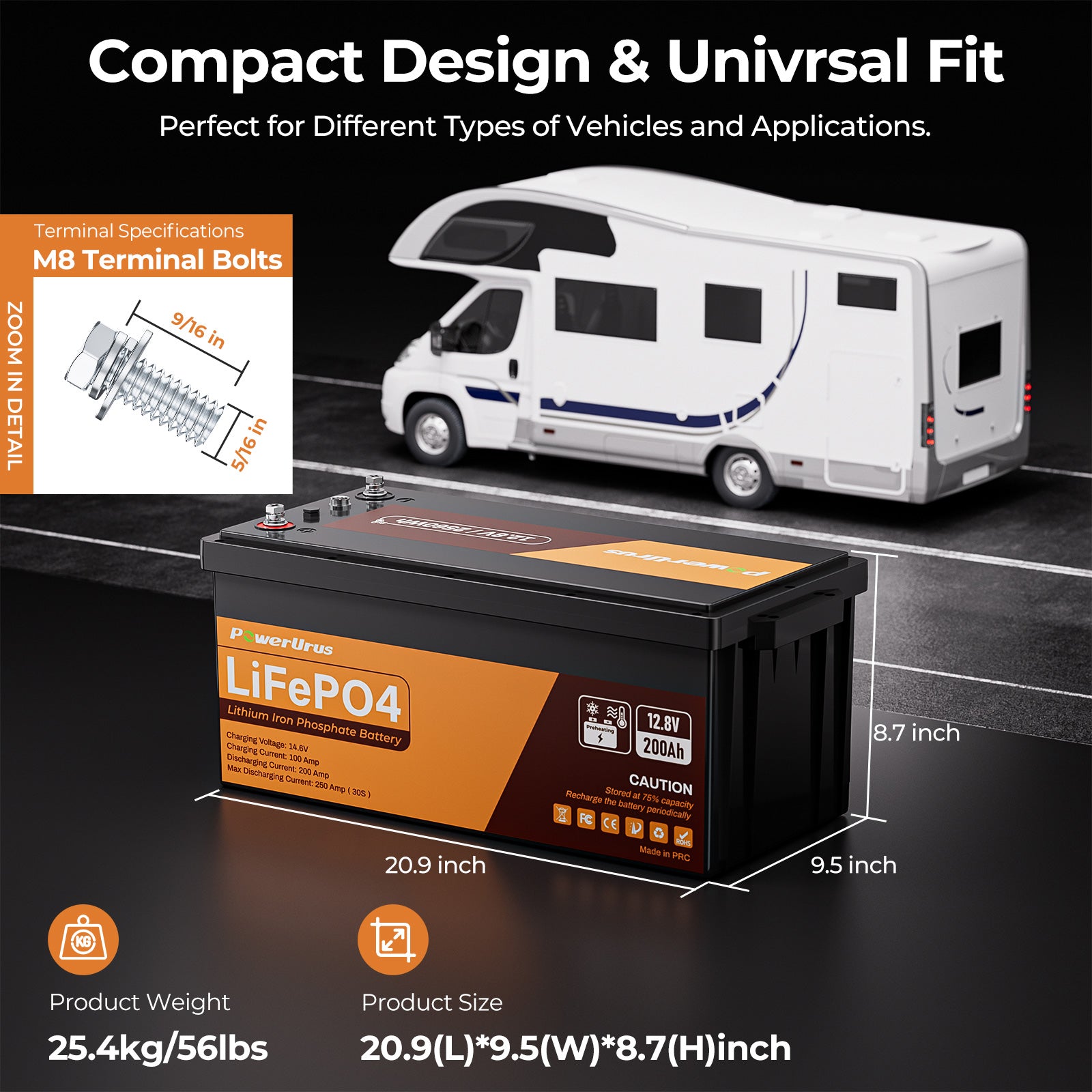 PowerUrus 12V 200Ah Self-Heating LiFePO4 Lithium Battery