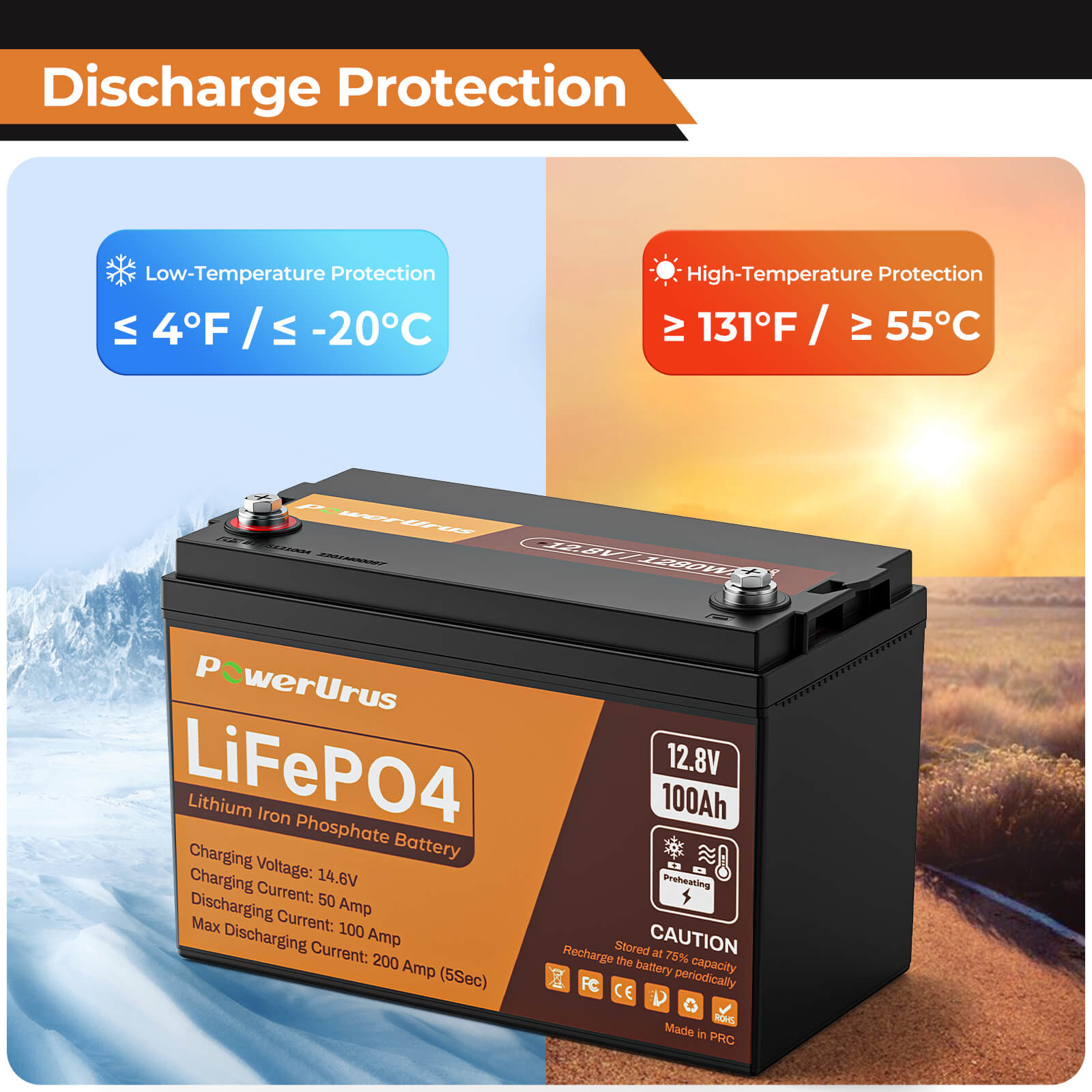 PowerUrus 12V 100Ah Self Heating LiFePO4 Lithium Battery