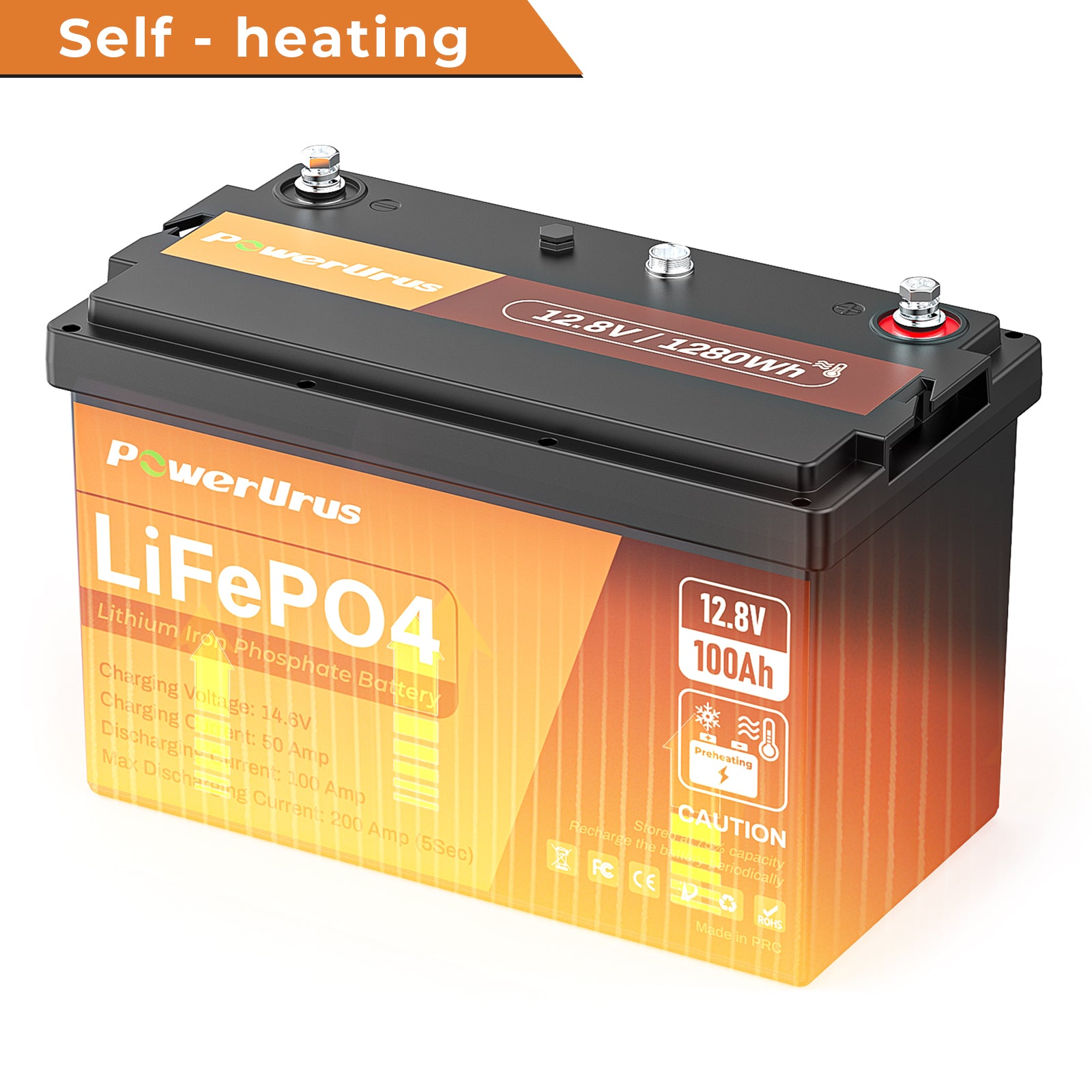 PowerUrus 12V 100Ah Self-Heating  LiFePO4 Lithium Battery