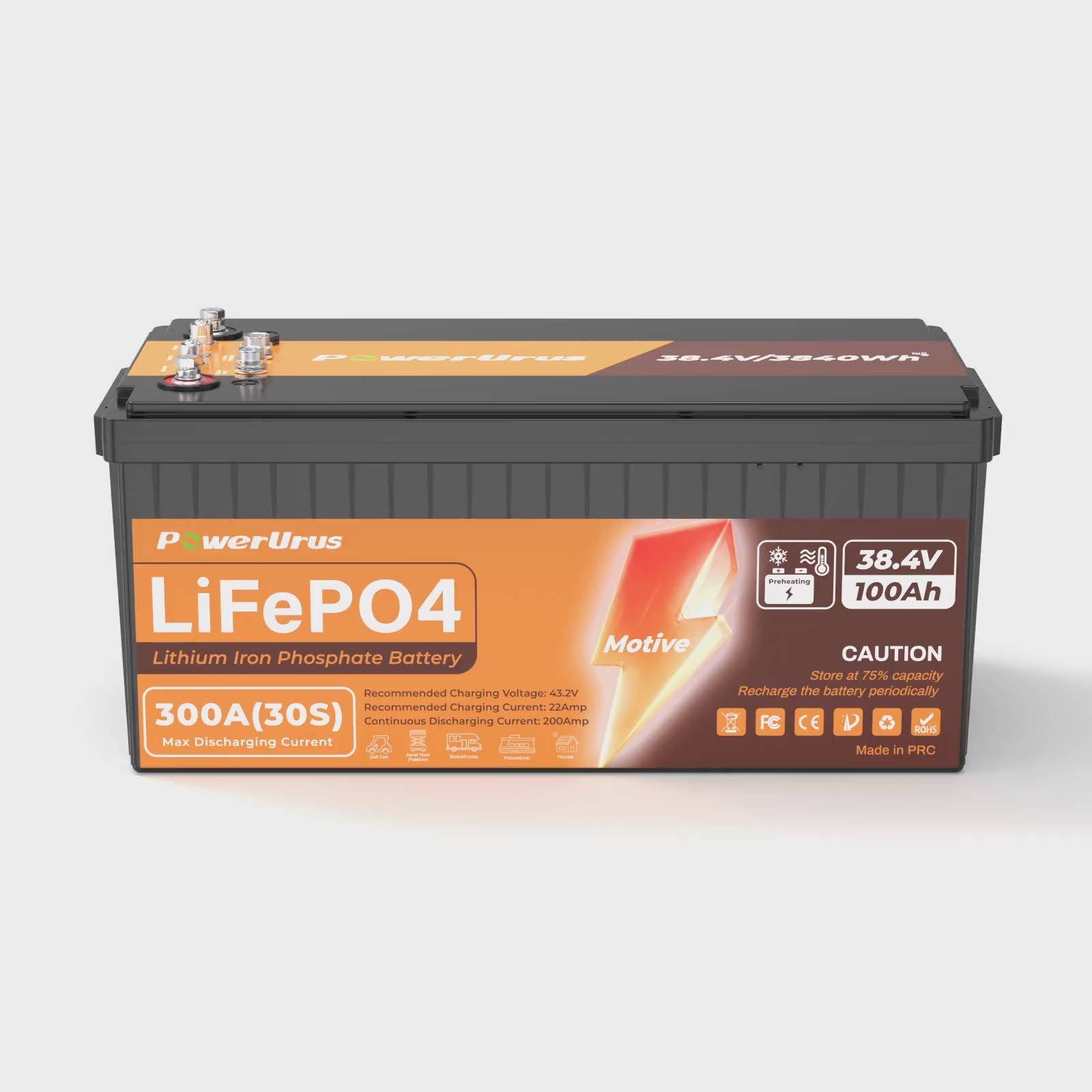 PowerUrus 36V 100Ah Motive Series Self-Heating LiFePO4 Lithium Battery