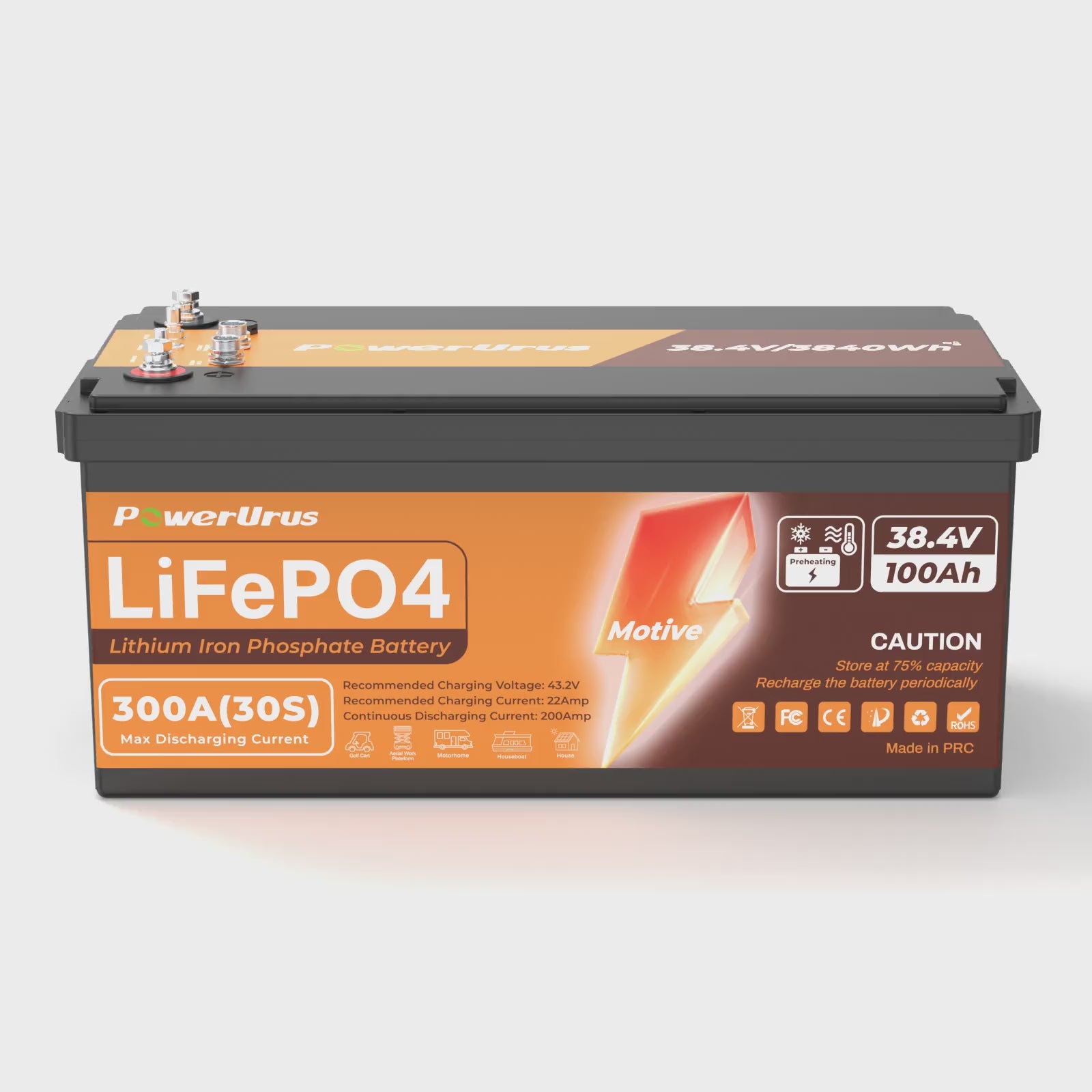 PowerUrus 36V 100Ah Self-Heating LiFePO4 Lithium Battery