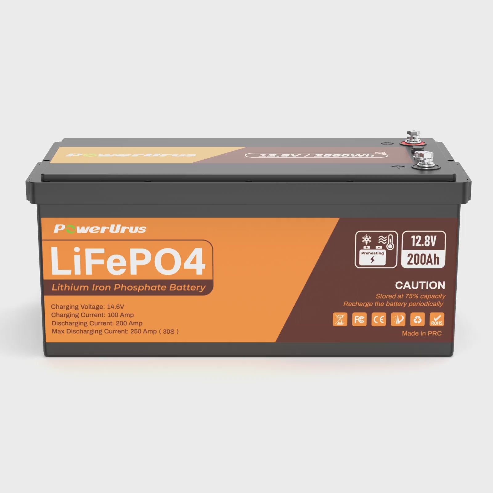 PowerUrus 12V 200Ah Self-Heating LiFePO4 Lithium Battery