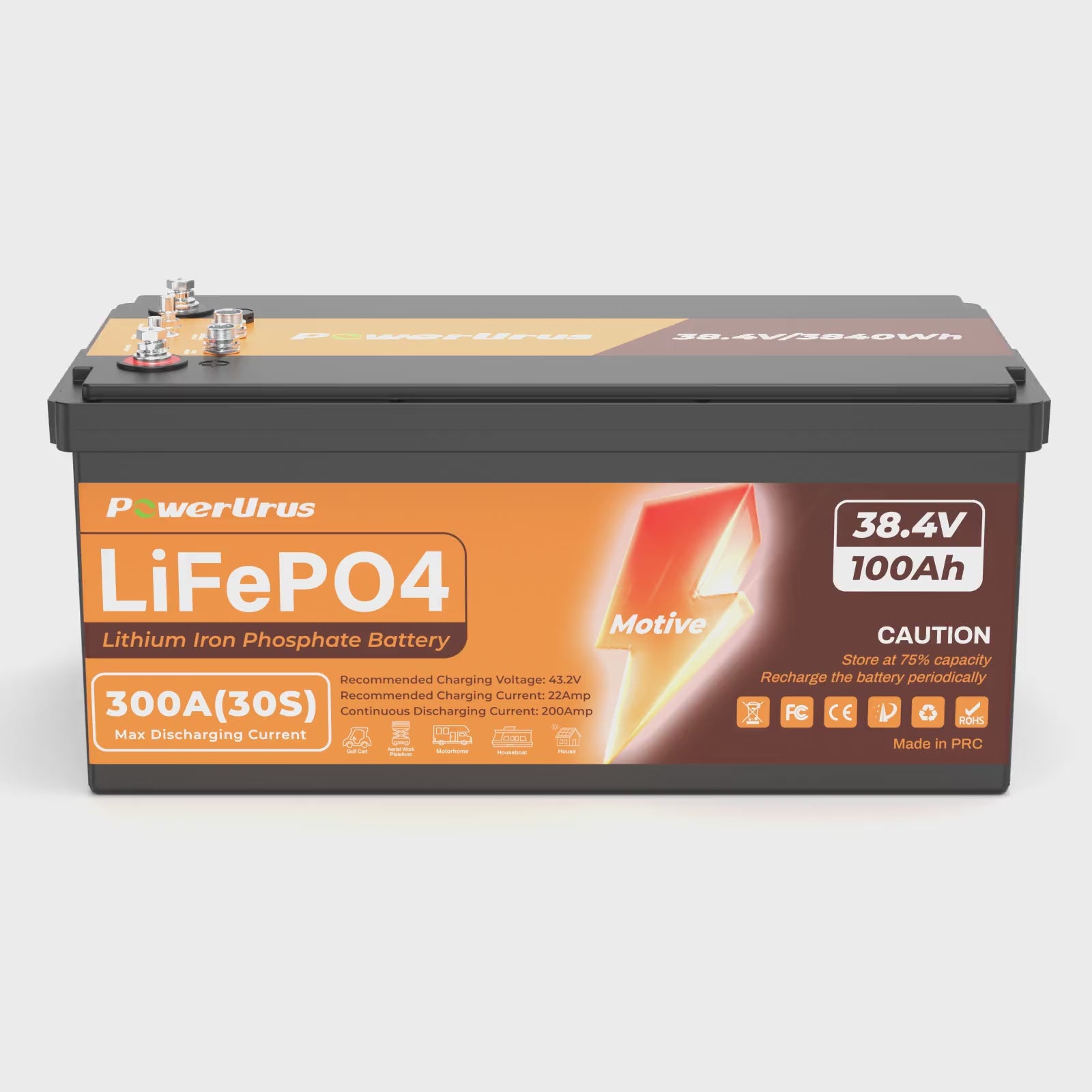 PowerUrus 36V 100Ah Motive Series LiFePO4 Lithium Golf Cart Battery