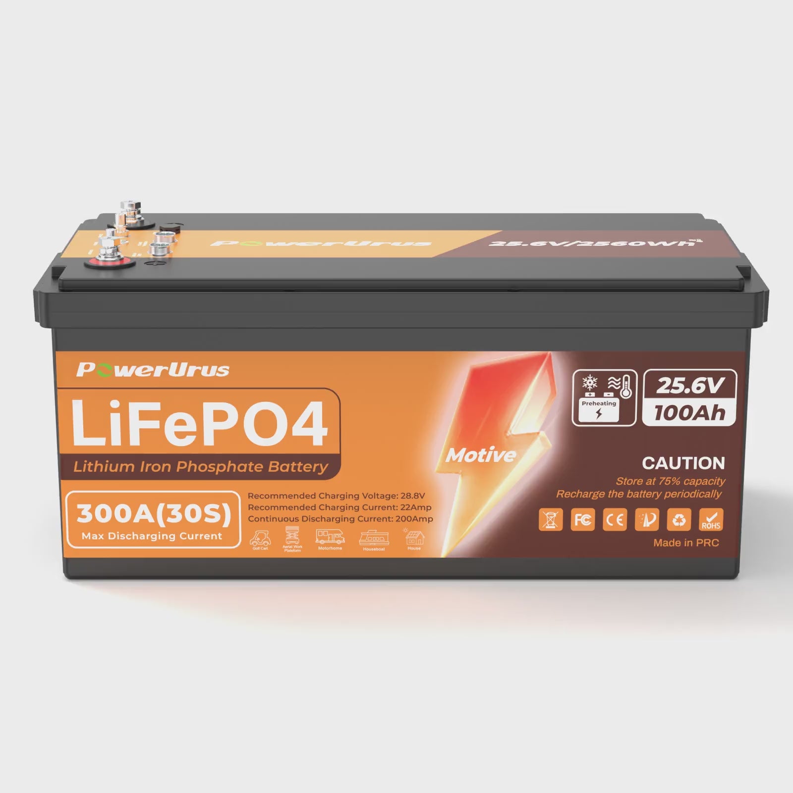 PowerUrus 24V 100Ah Self-Heating LiFePO4 Lithium Battery