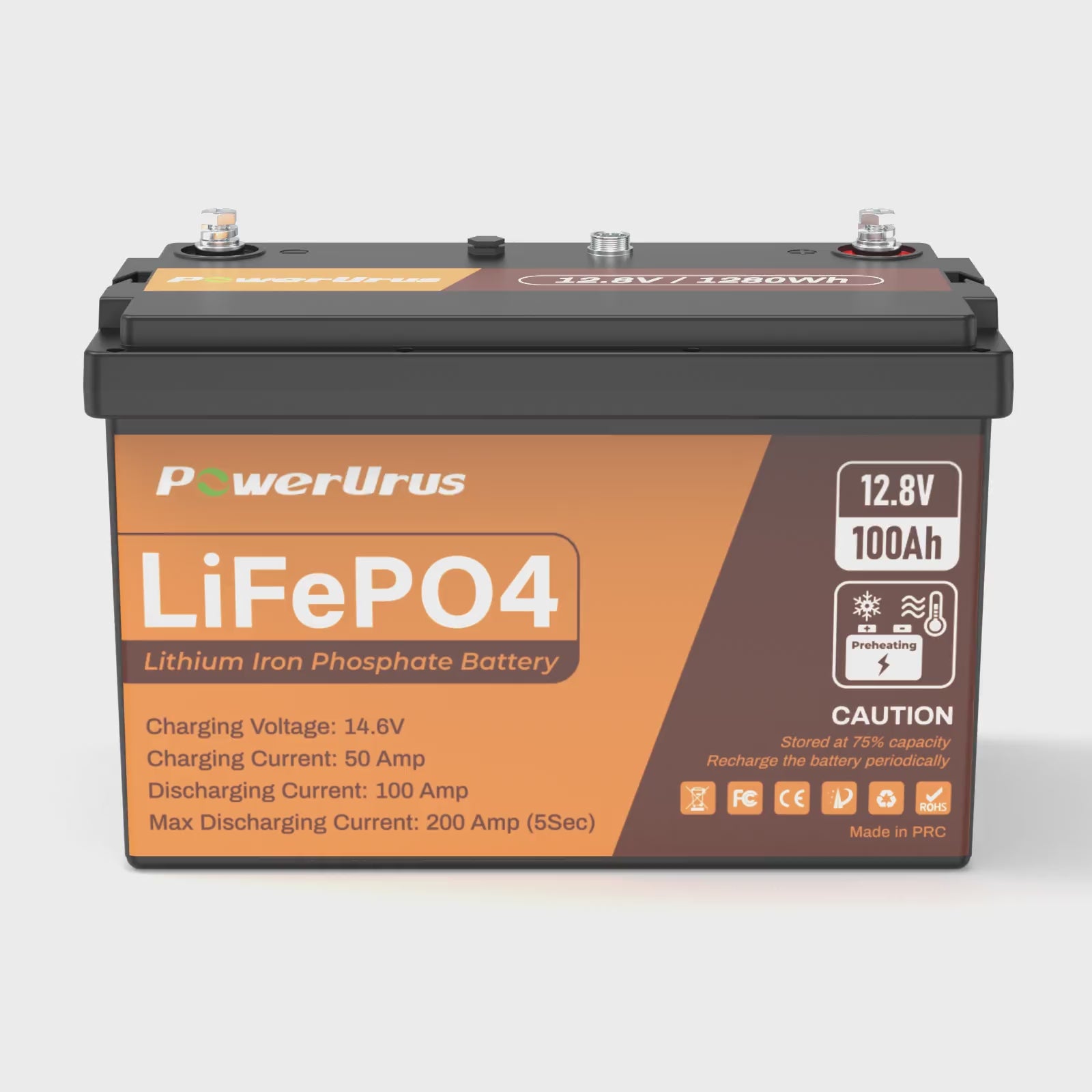 PowerUrus 12V 100Ah Self-Heating  LiFePO4 Lithium Battery