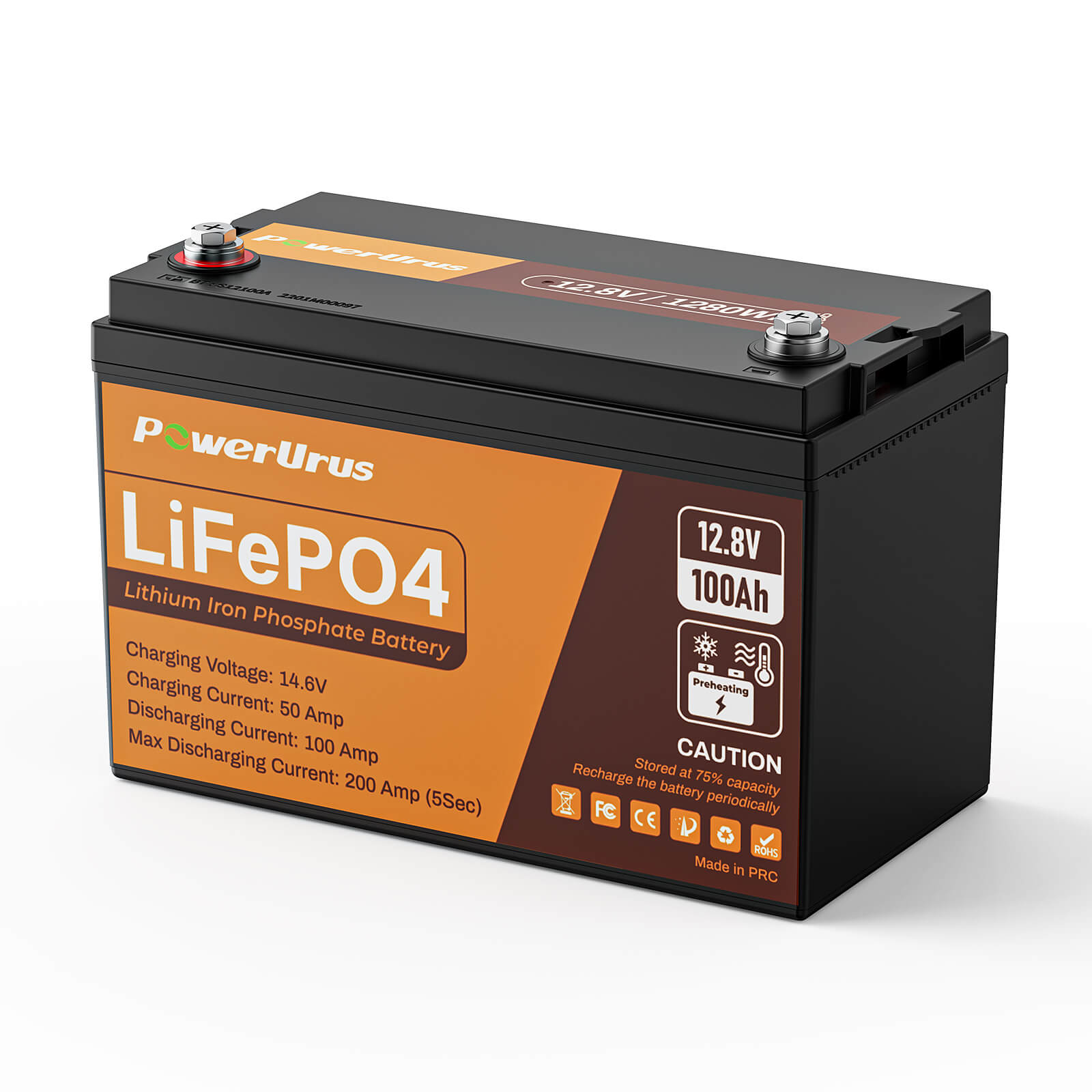 PowerUrus 12V 100Ah Self Heating LiFePO4 Lithium Battery